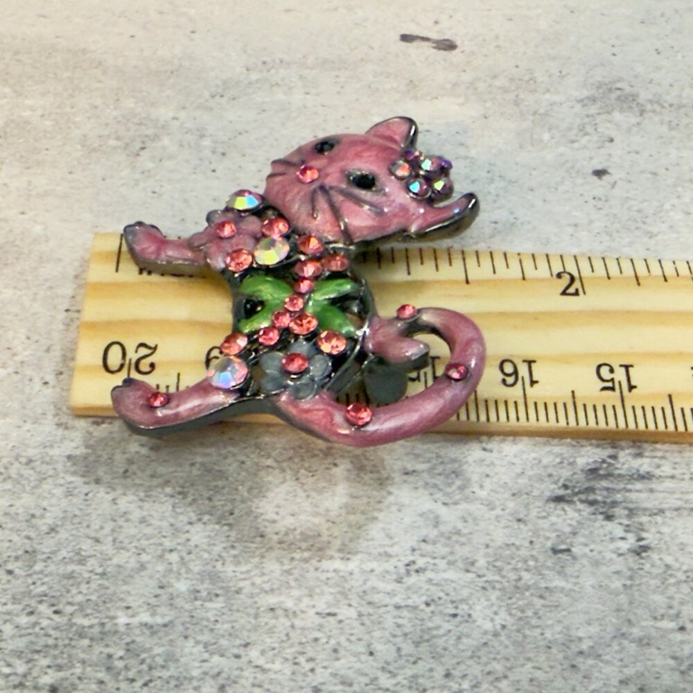 Cat Brooch Pink Enamel Glitter Openwork Statement Pin – 2.75” Tall - Picture 8 of 9